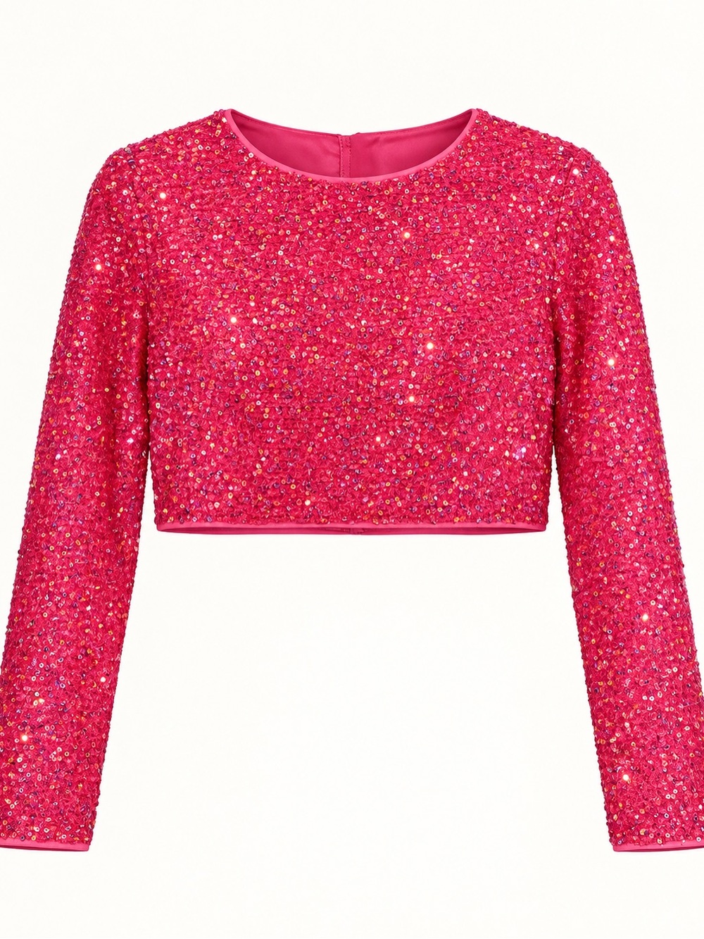 SHEIN Hot Pink Sequin Cropped Long-Sleeve Top